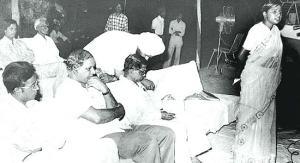 Kanshi Ram (second from the left) listens to a young Mayawati speaking